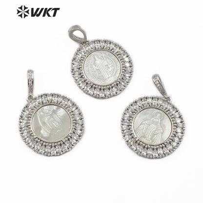 WT-MP116 Hot Sale Jewelry Fashion Accessories Virgin Mary Guadalupe Benedict Sliver Plated Round Shape Religious CZ Pave Pendant