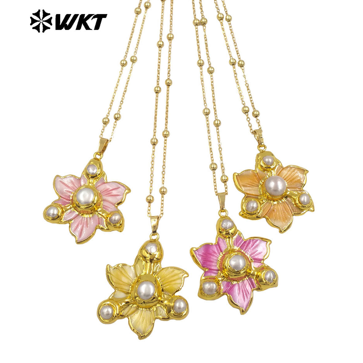 WT-JN295 Best Selling 18K Gold Plated Lovely Delicate Natural Shell Pearl Flower Necklace For Girlfriend As Valentine's Day Gift