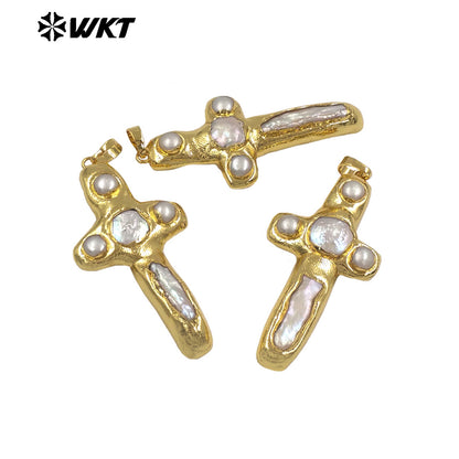 WT-JP446 New Arrival Religious Style Gold Electroplated Natural Freshwater Pearl Cross Pendant For Women Fashion Necklace Making