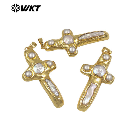 WT-JP446 New Arrival Religious Style Gold Electroplated Natural Freshwater Pearl Cross Pendant For Women Fashion Necklace Making