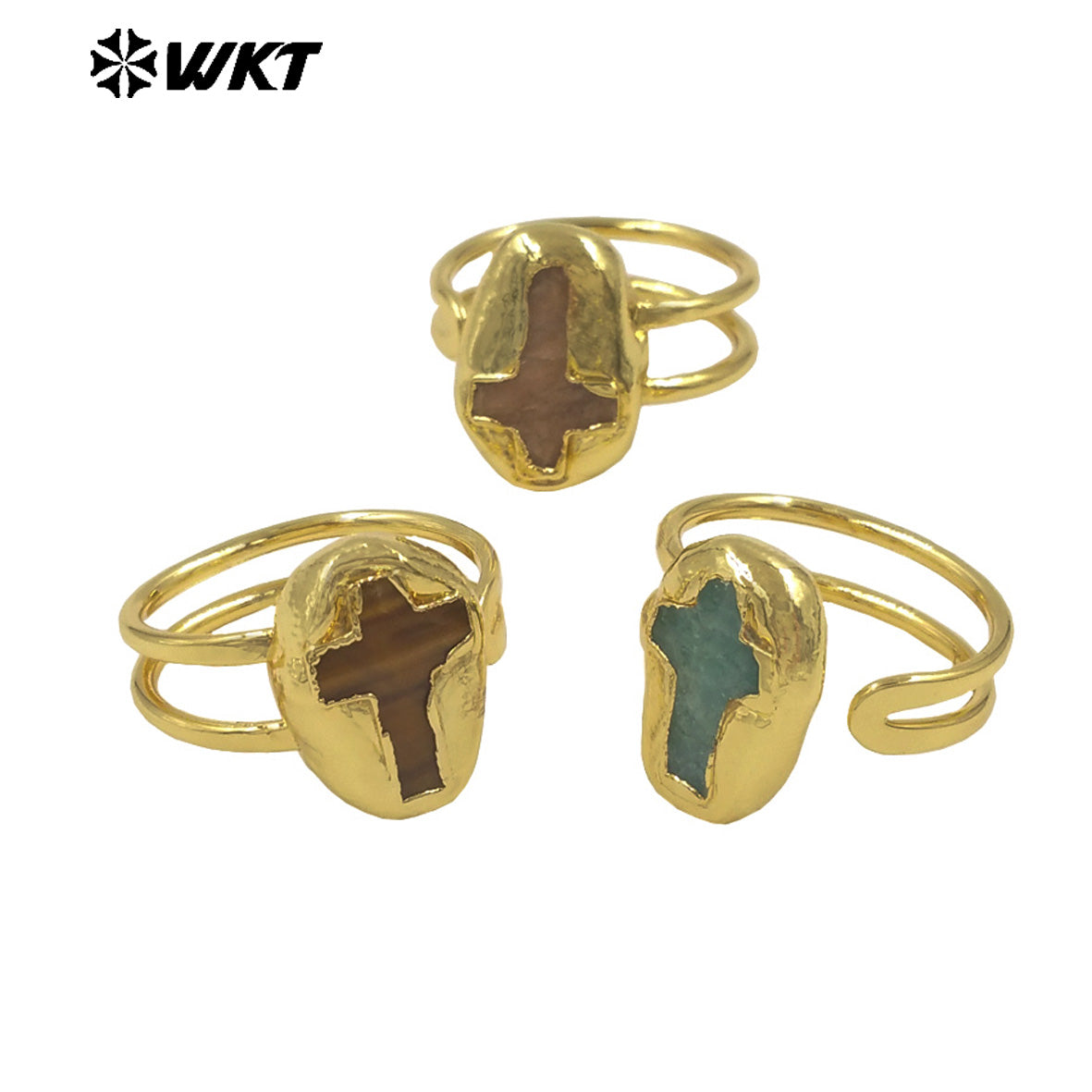 WT-R600 Popular Wonderful 18K Gold Plated Natural Gemstones Cross Shape Adjustable Rings For Lady Daily Wearing Jewelry