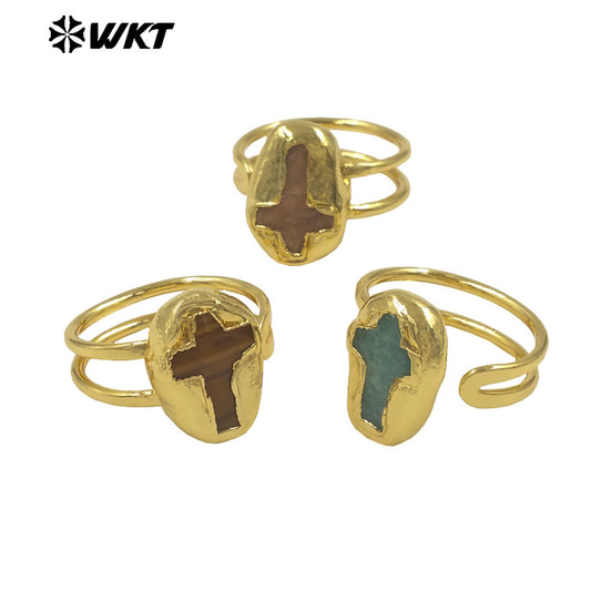 WT-R600 Popular Wonderful 18K Gold Plated Natural Gemstones Cross Shape Adjustable Rings For Lady Daily Wearing Jewelry