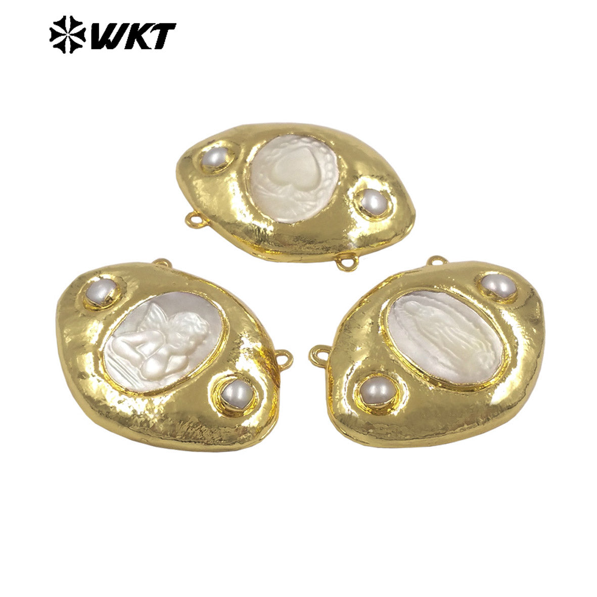 WT-PC020 Newest Gold Electroplated Mother Of Pearl Religious Patterns Charms Connector With Double Hoops For Necklace Handmade