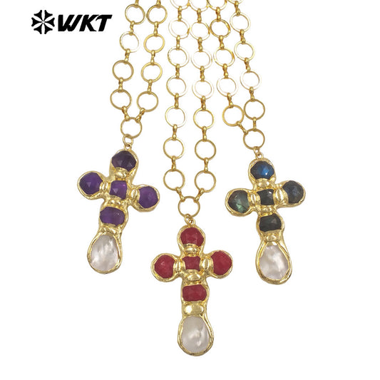 WT-JN374 Factory Wholesale Metal Chain With Natural Gemstone And White Shell Cross Pendant Necklace As Girl Daily Jewelry