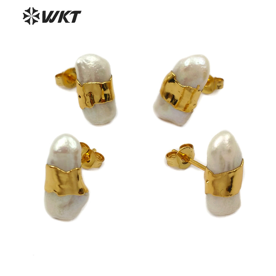 WT-E569 Natural Freshwater Pearl Stud Earring With Gold Electroplated Stud Earring Fashion Sea Shell Jewelry for Woman