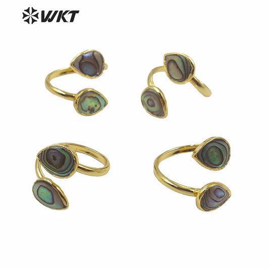 WT-MPR002 Women Adjustable Size Double Drop Green Abalone Shell Rings Gold Electroplated Summer Style Tea Drop Shell Rings