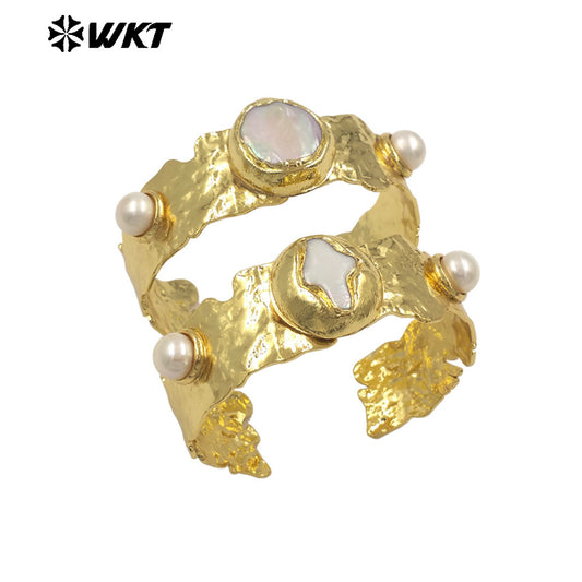 MPB131 The New Listing 18K Gold Electroplated Natural Freshwater Pearls Round And Cross Cuff Women Bangles For Friends Gift