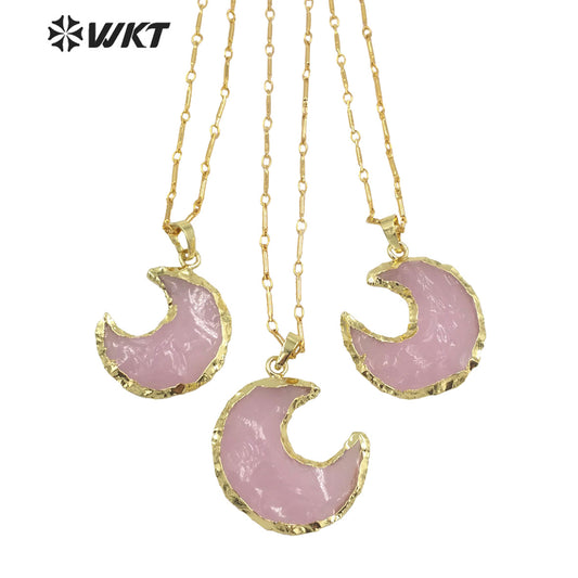 WT-N1349 WKT Beautiful Natural pink Opal Pendant Moon Necklace Gold Chain Lady's 2022 Trend Jewelry Gifts