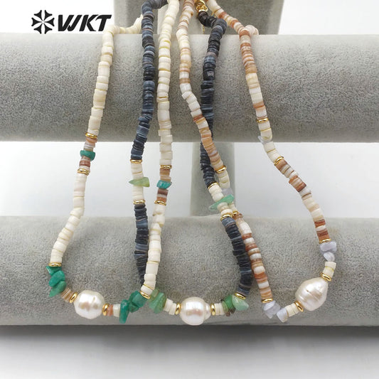WT-JN101 Wholesale Natural Shell Beads Choker Necklace in 16" Inch Long With Pearl Women Stylish Jewelry Natural Shell Necklace