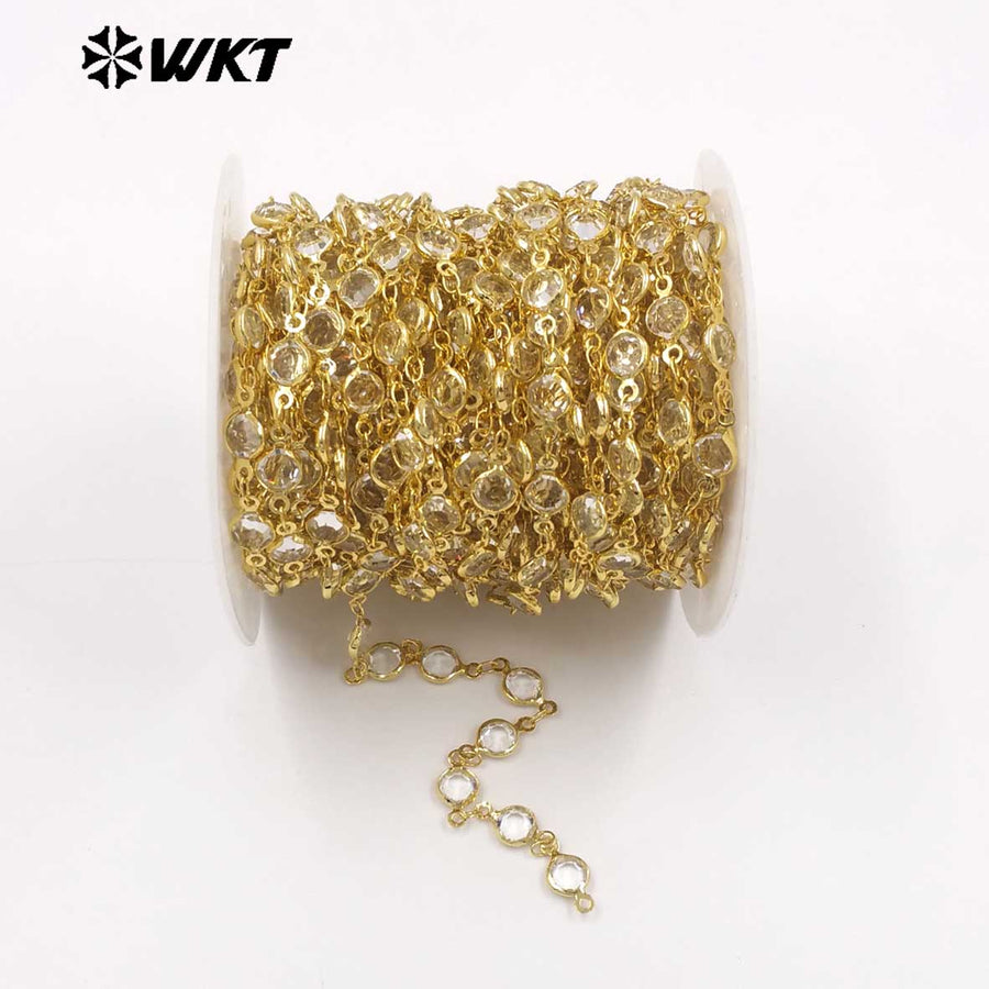 WT-BC279 Factory Wholesale Yellow Brass Gold Electroplated And Round Crystal Link Chains As Trendy Handmade Necklace Findings