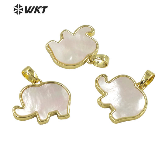 WT-JP323 Wholesale Fashion Lovely Mother of Pearl Shell Carved Small Elephant Pendants Gold Bezel Lovely Animal Pendants