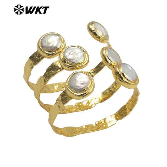MPB102 WKT Elegant 18K Real Gold Plated Resist Tarnishable Double Round Coin Pearl Bangle in Adjustable Size