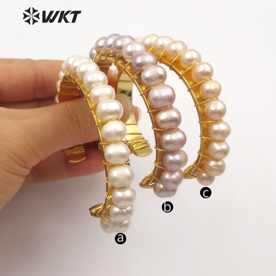 WT-B474 Women Gold Bangle Jewelry Natural Multi-pearl Bangle Pale Pink Rose Golden Pearl Bangle