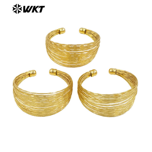 WT-B677 Wholesale Popular Simple 18K Gold Plated Natural Brass Fine Lines Wide Adjustable Bracelet for Urban Women Daily Match