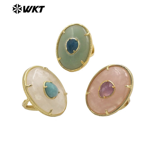 WT-R587 Unique High Quality 18K Gold Plated Colorful Zircon And Big Natural Gemstones Rings For Chic Dance Party Wearing