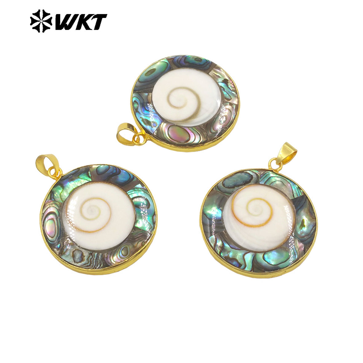 WT-JP361 WKT New Design Big Round Natural Trumpet With Abalone Shell Lucky Pendants for Friend Gift