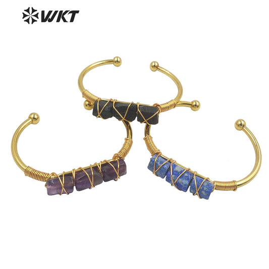 WT-B615 Wholesale New Women Handmade Wire Wrapped Natural Gemstone Cuff Bangle in Open Size Boho Stone Bangle for Friends