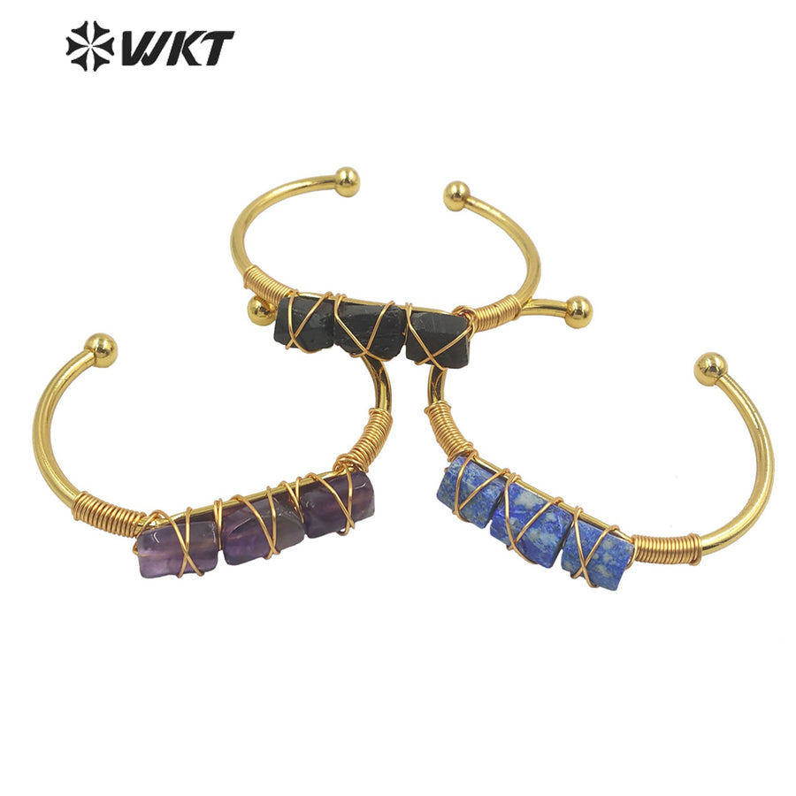 WT-B615 Wholesale New Women Handmade Wire Wrapped Natural Gemstone Cuff Bangle in Open Size Boho Stone Bangle for Friends