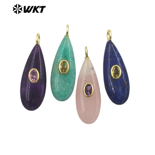 WT-P2065 Good Quality Gold Plated Zircon And Multi Natural Gemstones Waterdrop Shape Pendants For Fashion Women Earrings Making