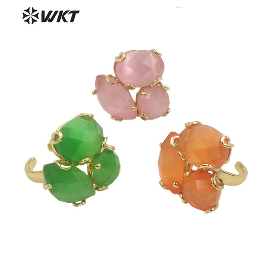 WT-R420 Europe Court style colorful Cat Eye stone Ring 18k real gold plated triple stone Flower Ring with Prong setting