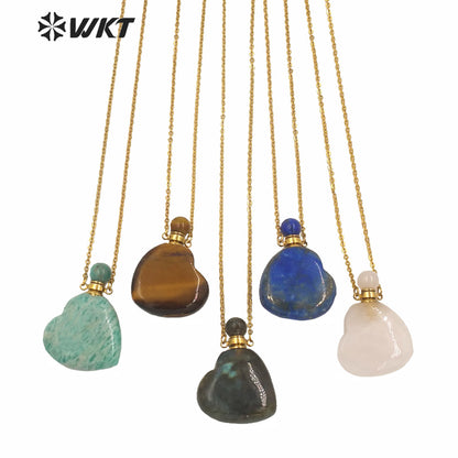 WT-N1249 Newest Natural Gemstone Heart Perfume Bottle Necklace Women Stainless Steel Chain Stone Essencial Oil Bottle Necklace