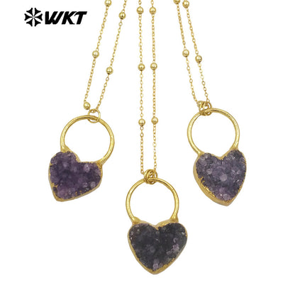 WT-N1472 Lovely Energy Natural Druzy Brazil Amethyst Heart Stone Necklace Birthday Gift for Girl
