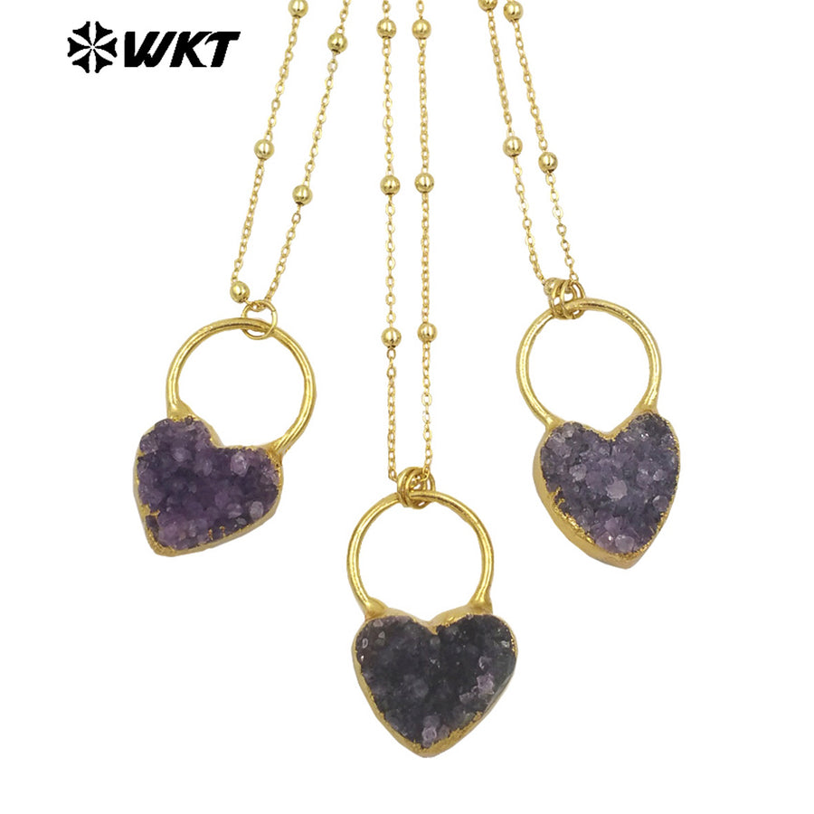 WT-N1472 Lovely Energy Natural Druzy Brazil Amethyst Heart Stone Necklace Birthday Gift for Girl