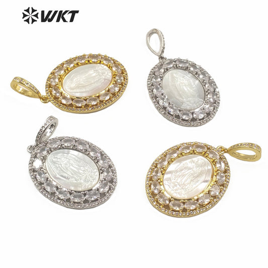 MP142 Wholesale the Virgin Mary Pendant CZ Stone With Natural Shell Pendant Lady Charm Jewelry Virgin Mary Shell Pendant