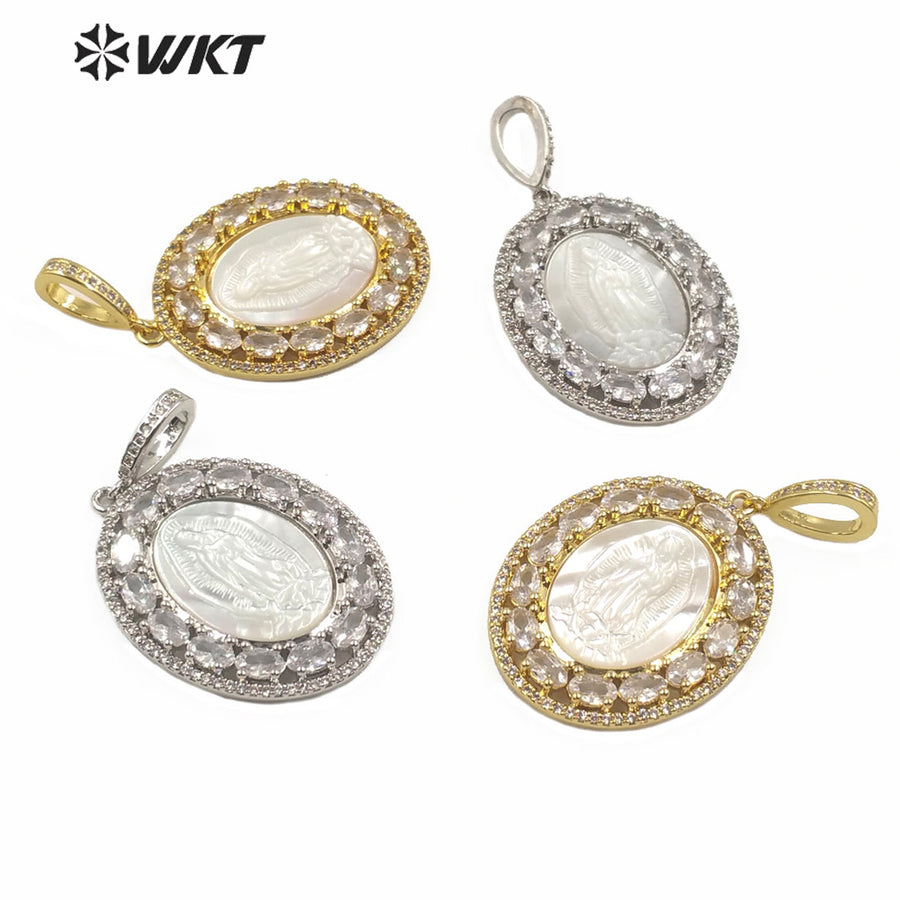 MP142 Wholesale the Virgin Mary Pendant CZ Stone With Natural Shell Pendant Lady Charm Jewelry Virgin Mary Shell Pendant