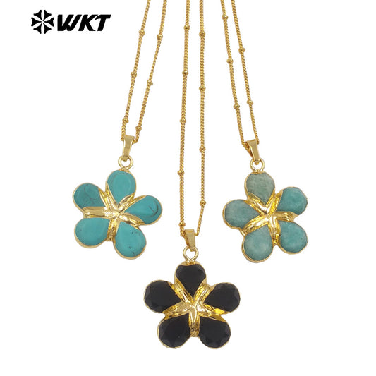 WT-N1497 New Fashion Beads Chain With Gold Plated Natural Gemstone Flowers Shape Pendant Necklace As Lady Birthday Gift