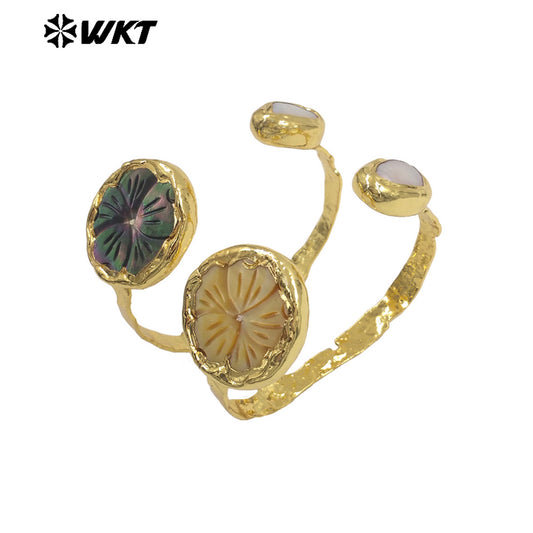 MPB140 Amazing 18K Gold Electroplated Natural Pearl And Shell Carved Flower Shape Cuff Bangles For Women Fashion Jewelry