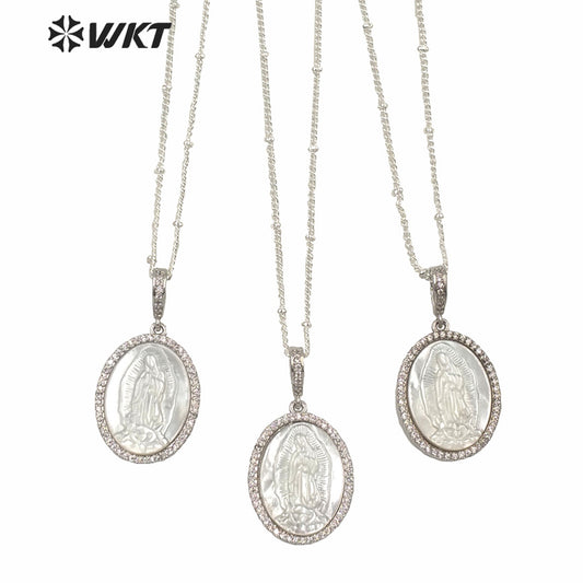 WT-MN968 Wholesale Natural MOP Shell Carved Micro Pave Setting Virgin Mary Necklace Women Platinum Plated Shell Mary Necklace