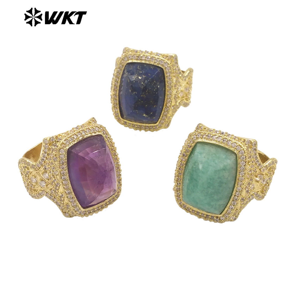 WT-MR033 Wholesale Fashion 18K Real Gold Plated Cubic Zircon and Natural Amazonite Amethyst Stone Ring for Women