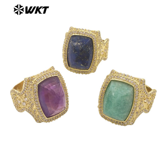 WT-MR033 Wholesale Fashion 18K Real Gold Plated Cubic Zircon and Natural Amazonite Amethyst Stone Ring for Women