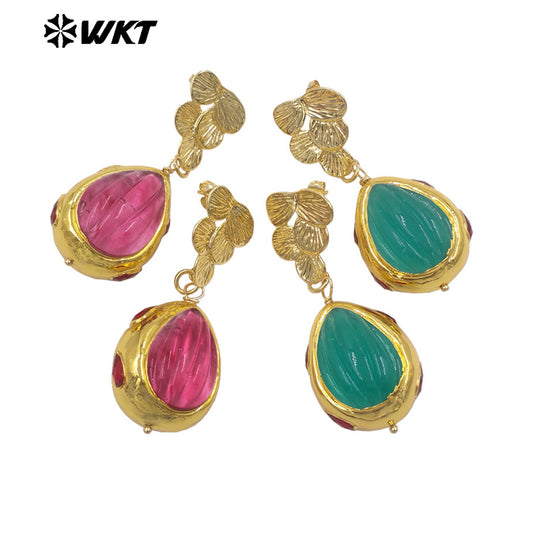 WT-E805 High Quality 18K Gold Plated Hand Carved Colorful Glaze Waterdrop Shape Earrings For Female Party Wearing Jewelry