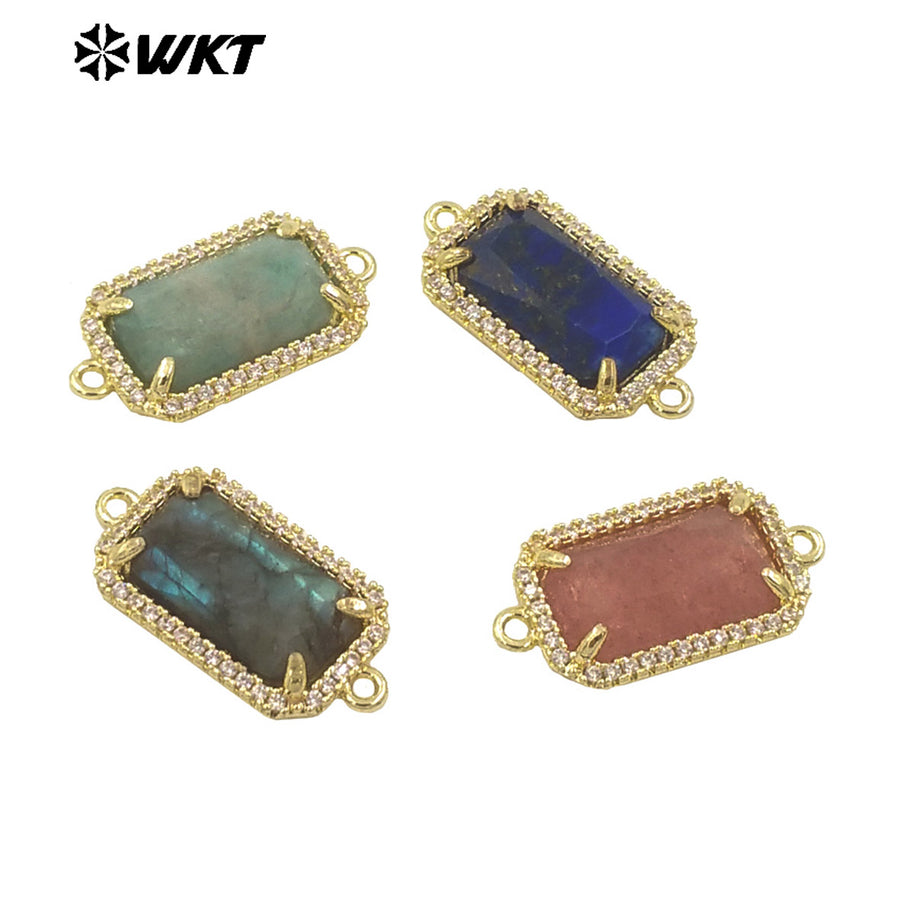 WT-C326 Wholesale Fashion Delicate Long Square Double Loops Cubic Zircon Claw Setting Natural Stone Bar Connectors