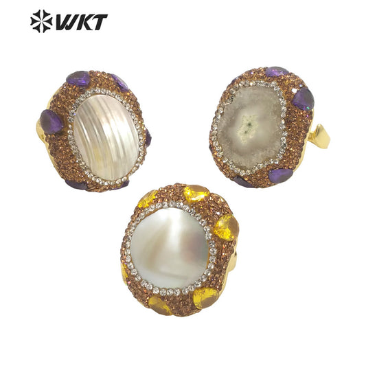 WT-MPR085 New Popular Handmade Design Gold Rhinestone and Freshwater Pearl Mabe Fashion Adjustable Zircon Ring