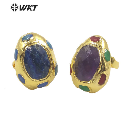 WT-R405 Natural Gemstone Sodalite Amethyst Ring 18k Gold Plated Ball Ring Noble Gas Art Fashion Women Gemstone Ring