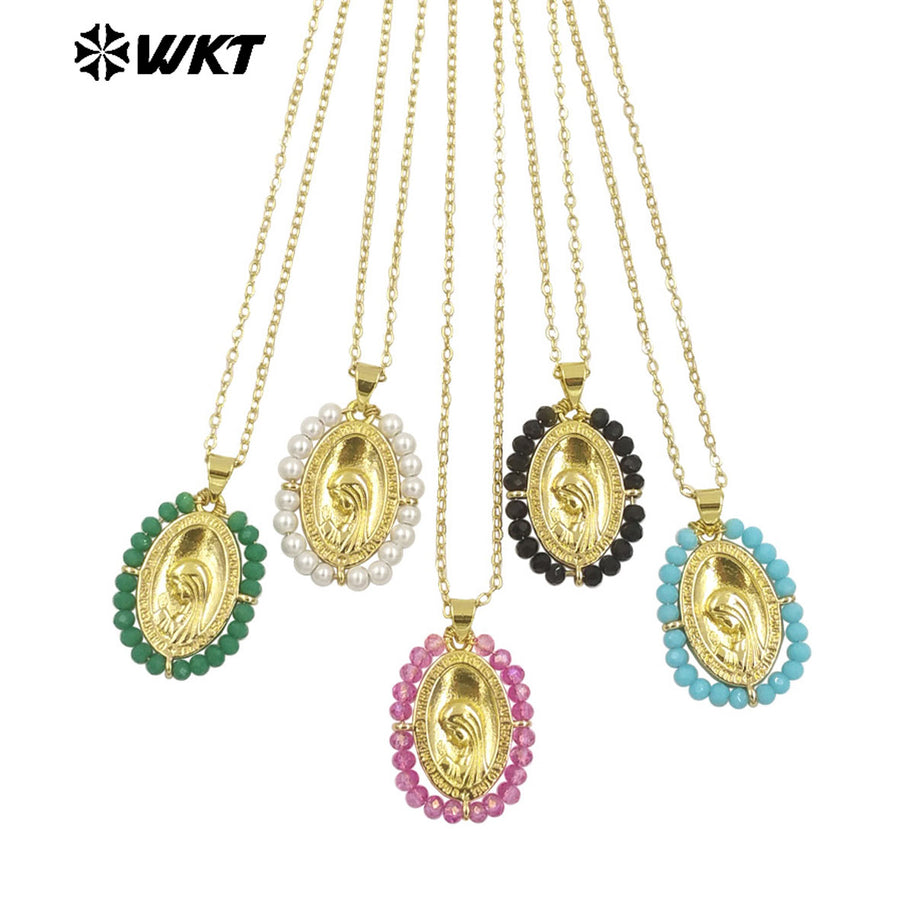 WT-MN995 WKT 18K Gold Plated Yellow Brass Metal Carved With Handmade Wire Wrapped Crystal Beads the Beauty Face Necklace