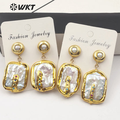 WT-E574 WKT New Arrival Natural Pearl Earring With Color Beads Rectangle Shape Gold Plated Pearl Earrings Women Fashion Jewelry