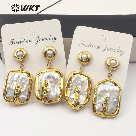 WT-E574 WKT New Arrival Natural Pearl Earring With Color Beads Rectangle Shape Gold Plated Pearl Earrings Women Fashion Jewelry