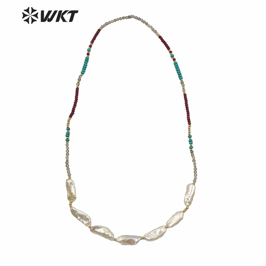 WT-JN124 WKT Exclusive Design Hand Make Strand Casual Necklace Women 24 Inch Long Faceted Beads Baroque Pearl Necklace