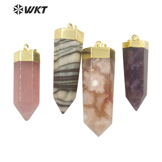 WT-P1710 Amazing Gold Top Natural Gemstone Hexagon Spirit Quartz Healing Stone Pendant Women Jewelry Design Necklace Pendant