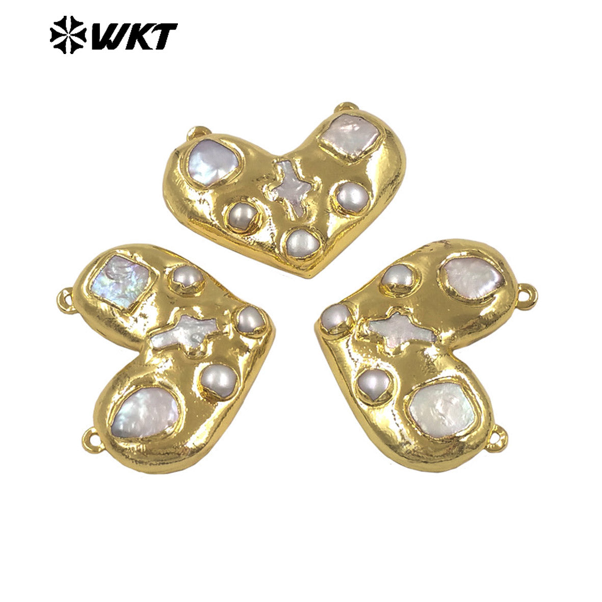 WT-PC019 Romantic Luxury Gold Plated Natural Freshwater Pearl Heart Connector With Double Hoops For Girls Necklace Making