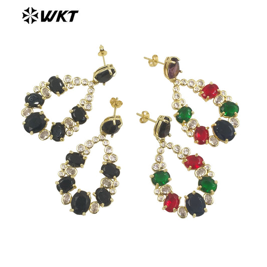 WT-ME087 Wholesale Fashion Micropaved Setting Cubic Zircon Dangle Earrings Studs 18k Real Gold Plated Teardrop Women Earrings