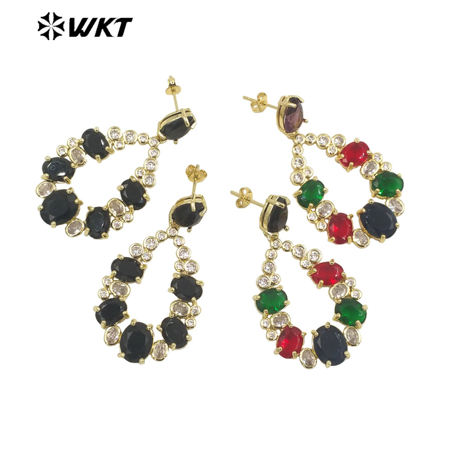 WT-ME087 Wholesale Fashion Micropaved Setting Cubic Zircon Dangle Earrings Studs 18k Real Gold Plated Teardrop Women Earrings