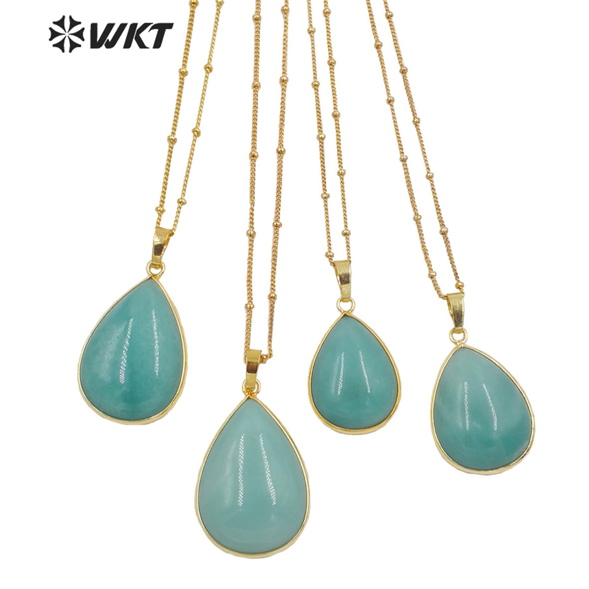 WT-N1292 Women 18 Inch Long Natural Teardrop Stone Necklace 18k Real Gold Plated Bezel Pear Drop Blue Necklace
