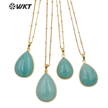 WT-N1292 Women 18 Inch Long Natural Teardrop Stone Necklace 18k Real Gold Plated Bezel Pear Drop Blue Necklace