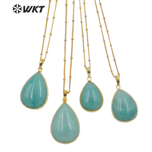 WT-N1292 Women 18 Inch Long Natural Teardrop Stone Necklace 18k Real Gold Plated Bezel Pear Drop Blue Necklace