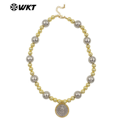 WT-JN303 Customize 18K Gold Plated and Silver Round Flat Pearl Beads Religious Shell Necklace Fashion Special Jewelry for Ladies